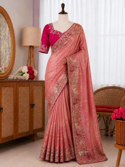 Beautiful  Dola Silk Saree With Coding And Multi Sequence Work