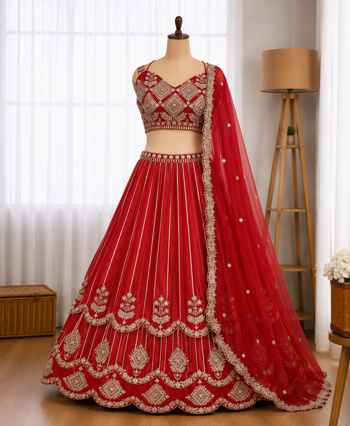 Beautifull Red Color Faux Georgette Sequience Embroidery Work Lehenga