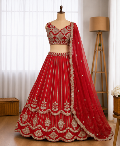 Beautifull Red Color Faux Georgette Sequience Embroidery Work Lehenga