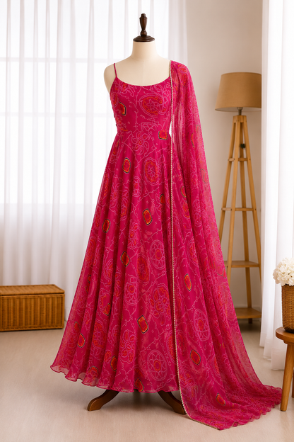 Bandhani Printed Sleeveless 8 MTR Huge Flair Anarkali Gown