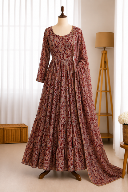 8.25 Meter Kalmakari Printed Anarkali Gown