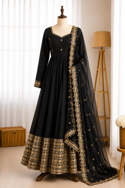Designer Chinon Silk Heavy Sequence Work Anarkali Set With Dupatta