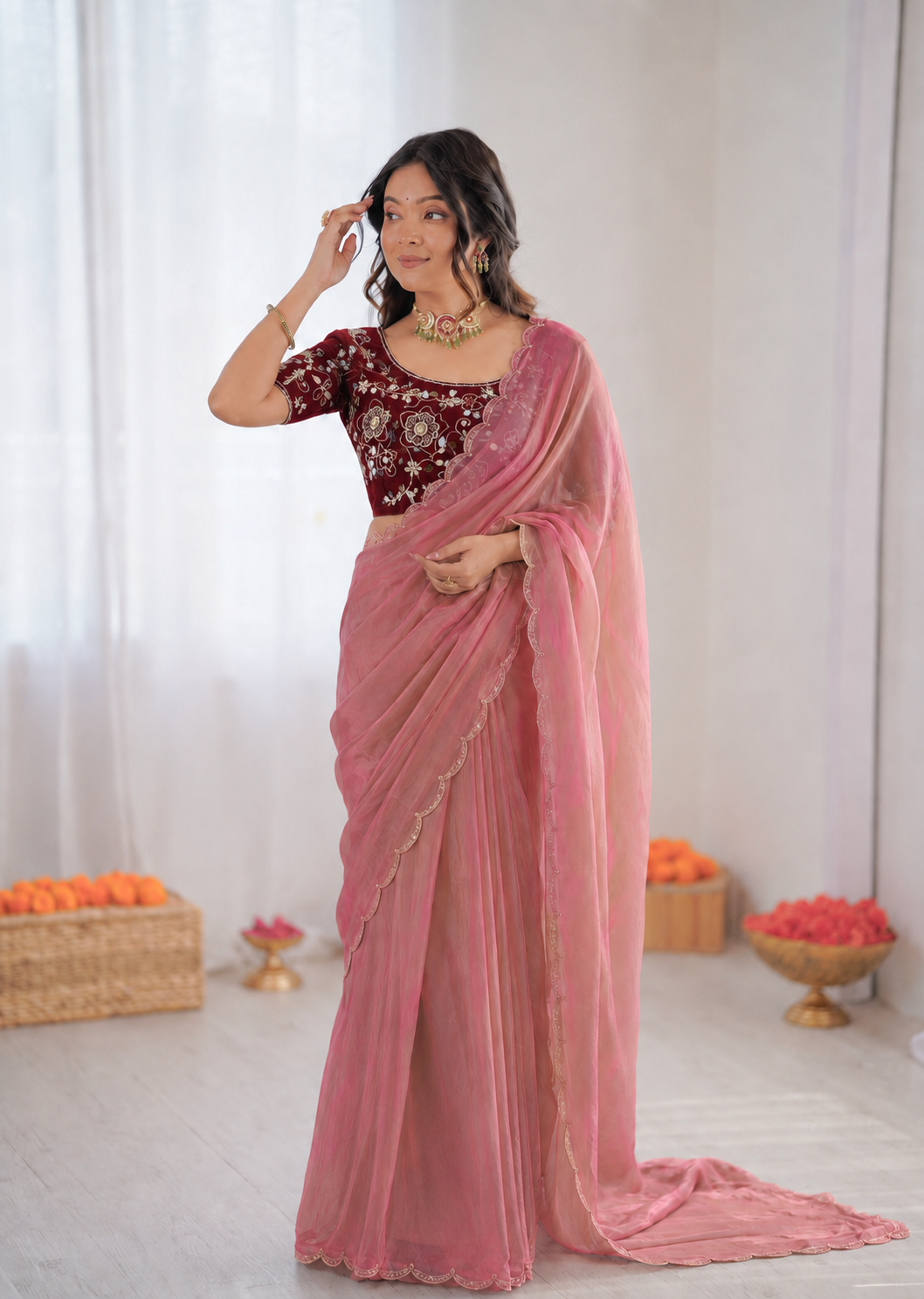 Beautiful Soft Rich Fendy Satin Silk With Hand Cutdana Moti Work Saree