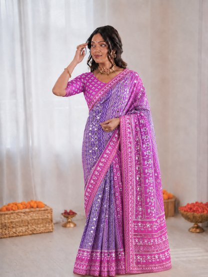 Chinon Silk Mirror Work Saree Set