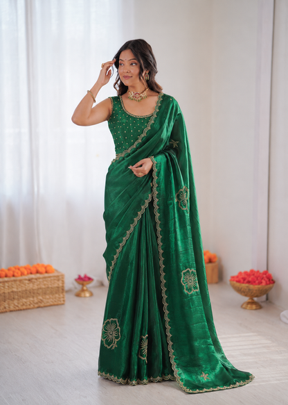 Most Viral Sattin Silk With Beautifull Jarkhan Work Saree
