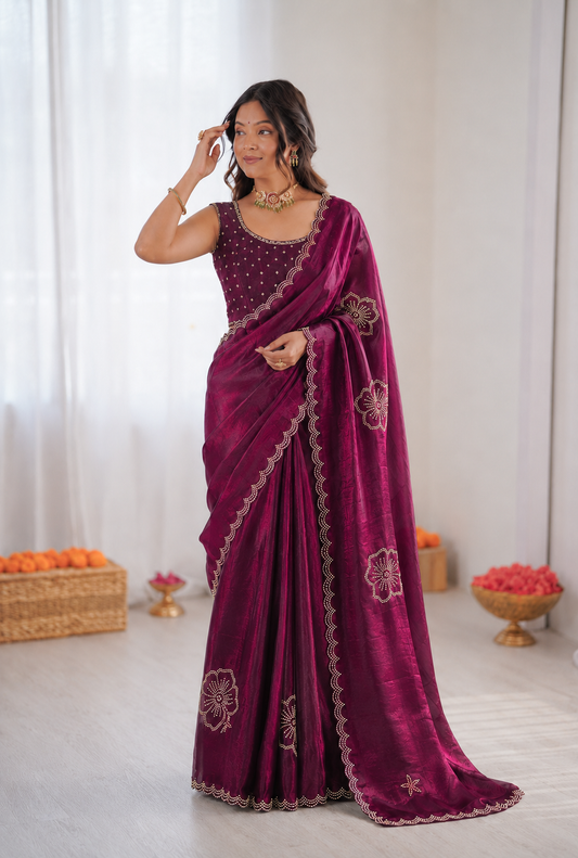 Most Viral Sattin Silk With Beautifull Jarkhan Work Saree