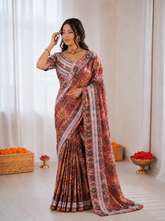 Beautiful Soft Rich Japan Satin Digital Print Aari Mirror Work Saree