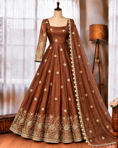 Chinon Silk Anarkali Suit with Thread & Sequin Work and Dupatta