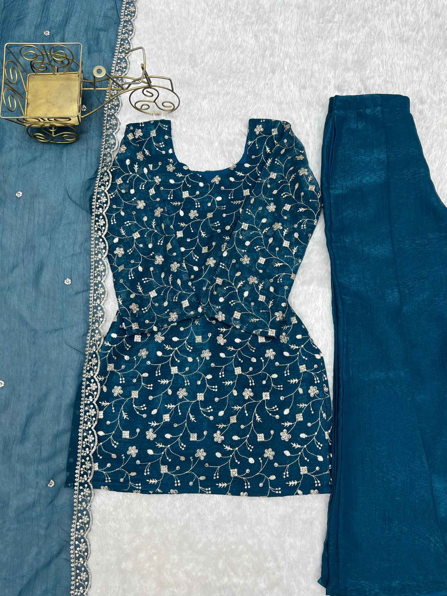 Crunchy Silk Embroidered Bell Bottom Suit Set