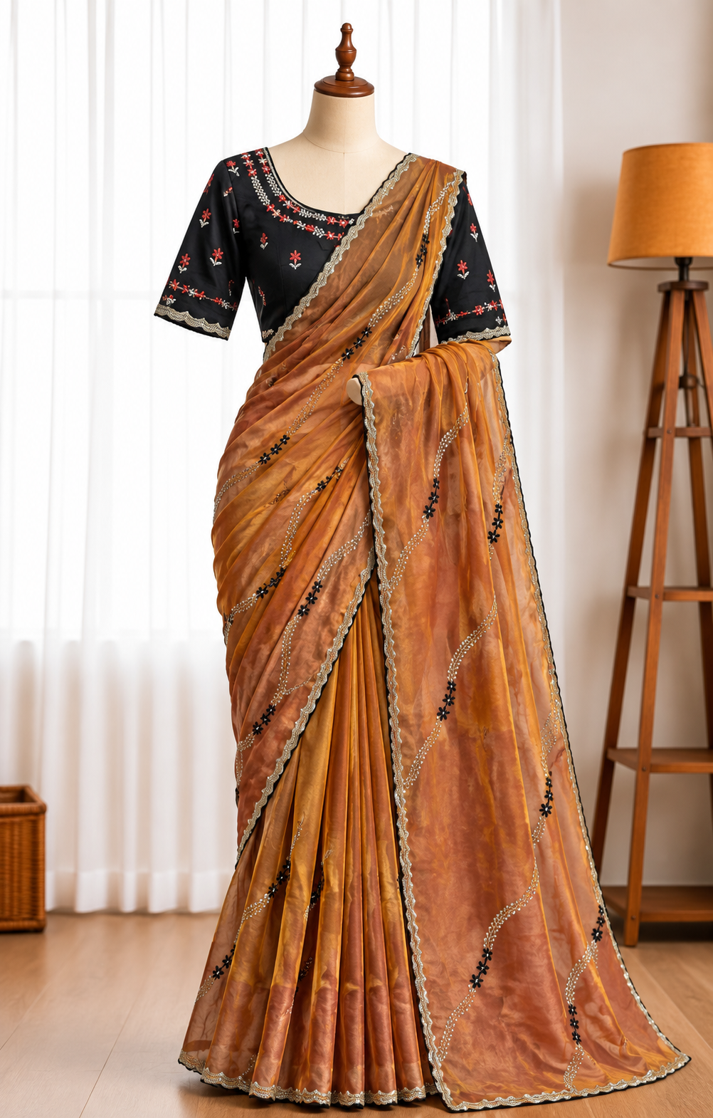 Fendy Silk Saree with Thread & Sequin Work and Gold Crush Blouse