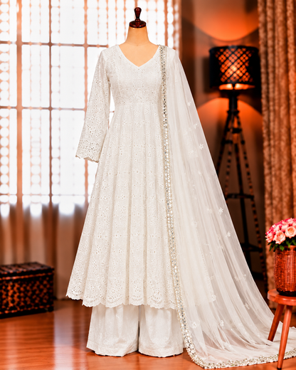 Pure Cotton Top Pant Set with Chiffli Work & Net Dupatta