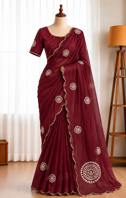 Rangoli Crushed Saree with Heavy Handwork, Cutdana & Mirror Work