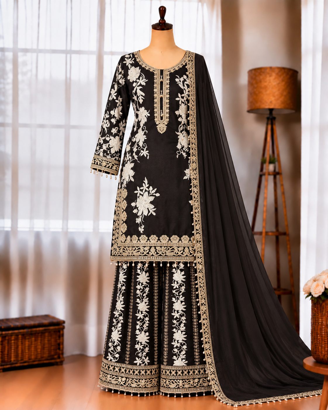 Heavy Star Georgette Top Palazzo Set with Sequin Embroidery & Lace Work