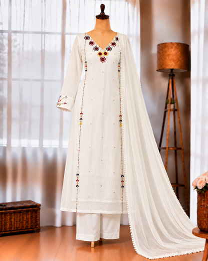 Lightweight Mul Chanderi Top Pant Set with Multi-Thread Handwork & Dupatta