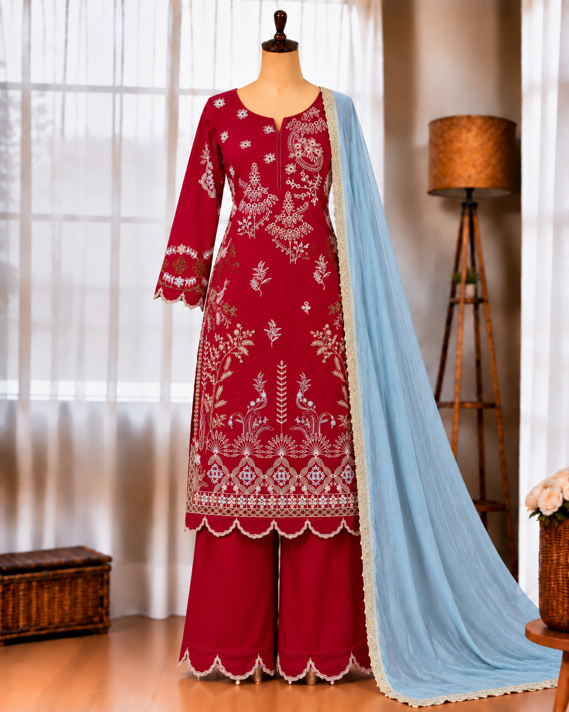 Mul Chanderi Top Pant Set with Embroidery & Cutwork Dupatta
