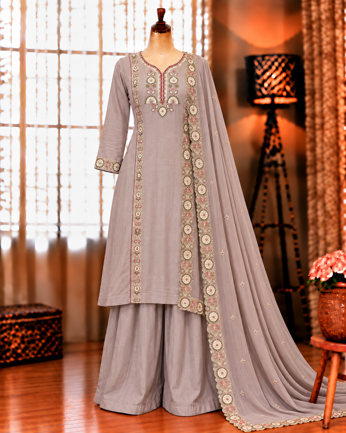 Mul Chanderi Top Pant Set with Sequin Embroidery & Cut Work