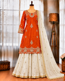 Heavy Chinon Silk Top Palazzo Set with Embroidery & Lace Work