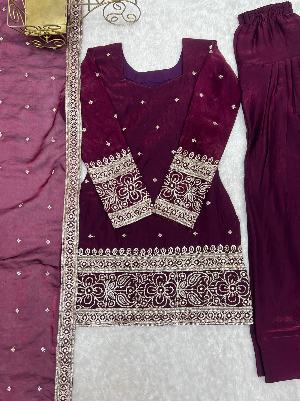 Beautifull Fendy Silk With Embroidery Sequience Work kurta Farshi