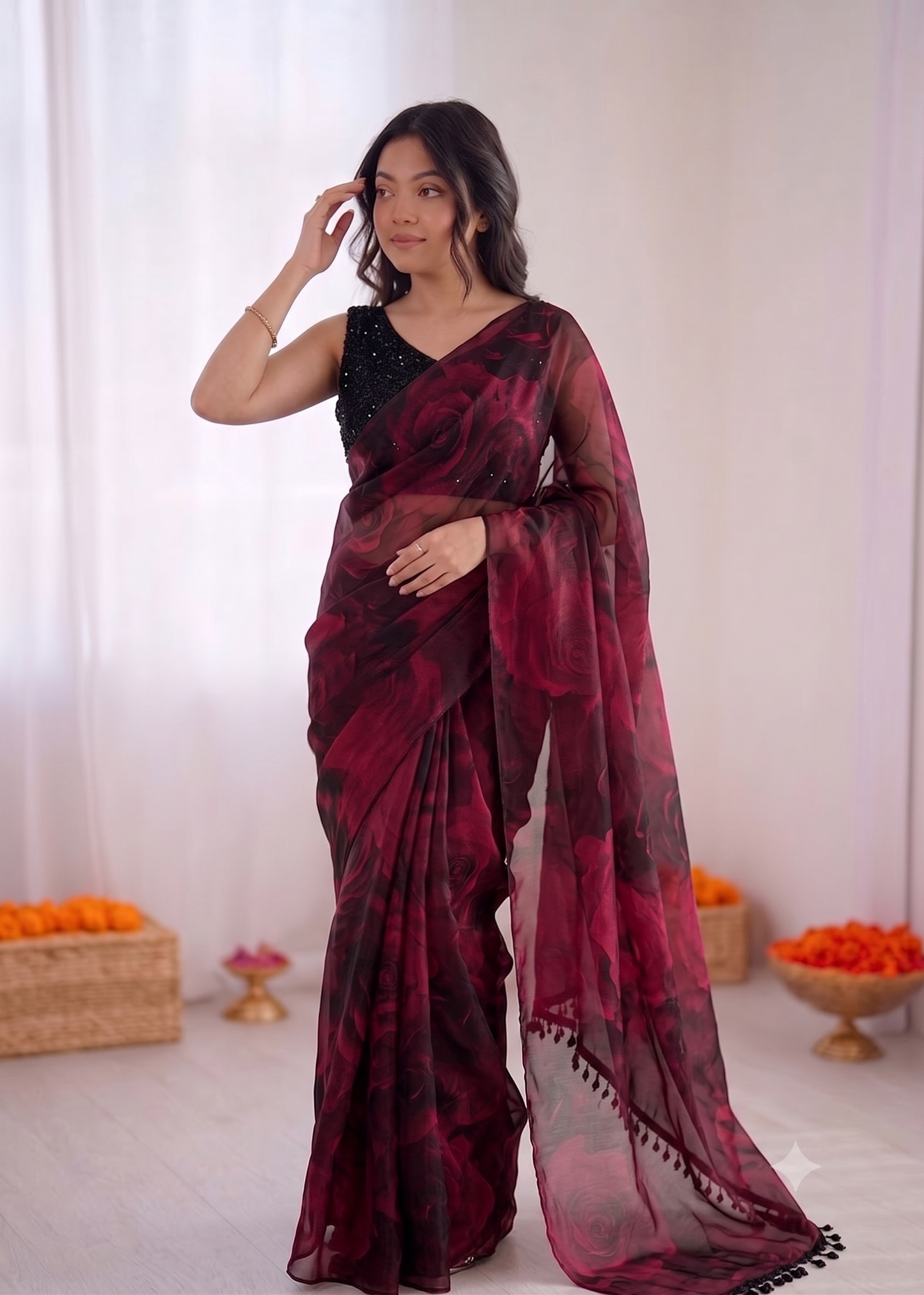 Fandy Satin Floral Print Saree