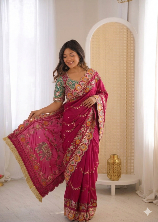 Beautiful Rangoli Silk Saree With Dori Embroidery & Mirror Touch Work