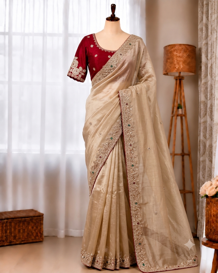 Champagne Pearl Sequin Silk Saree