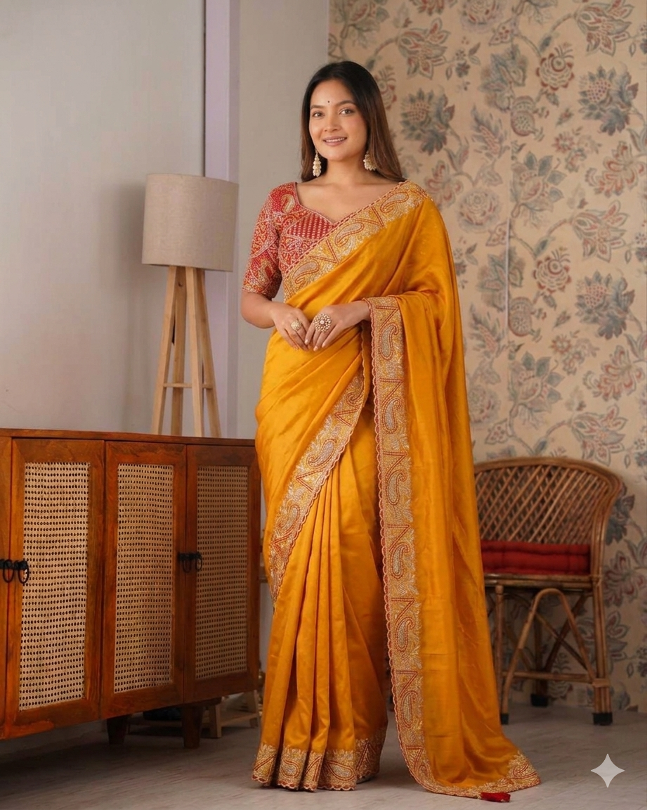 Beautifull Premium Soft Fendy Silk With Embroidery Work Saree