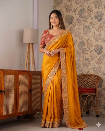 Beautifull Premium Soft Fendy Silk With Embroidery Work Saree