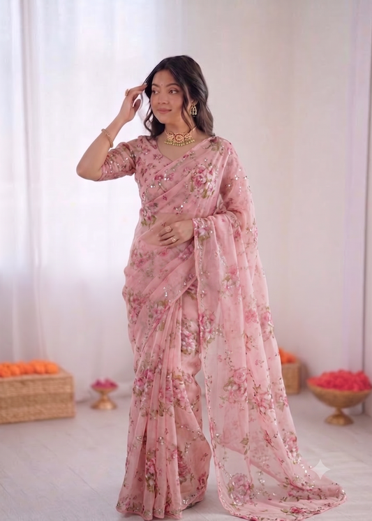 Premium Tabby Silk Mirror Work Saree