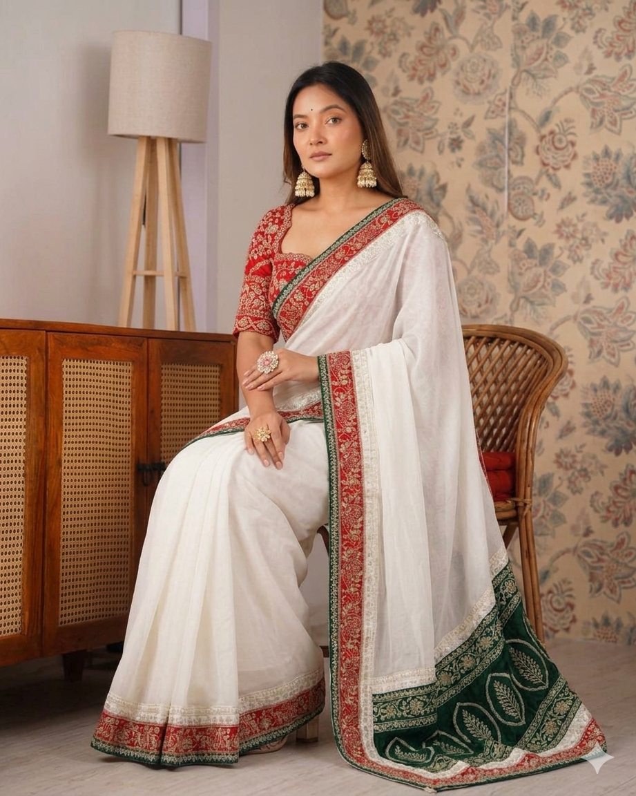 Beautifull Whte Color Tibby Silk With Thred Work Saree