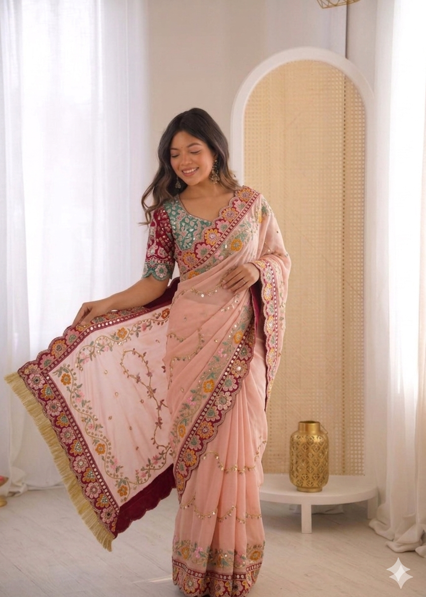 Beautiful Rangoli Silk Saree With Dori Embroidery & Mirror Touch Work
