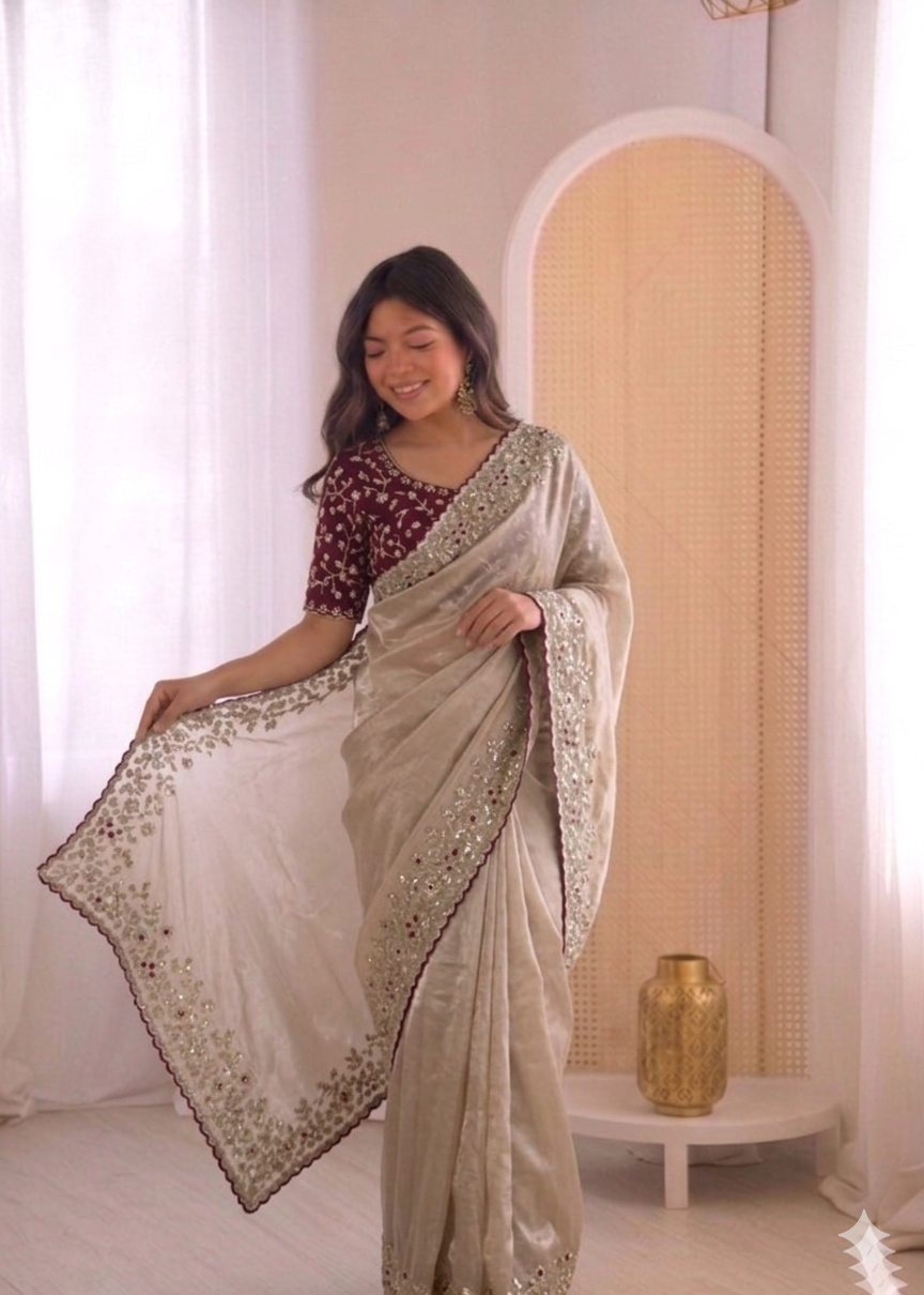 Beautifull Jimmu Chu With Sequience Embroidery Work Saree