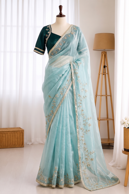 Beautifull Rimzim Silk With Beautifull Hand Work Saree