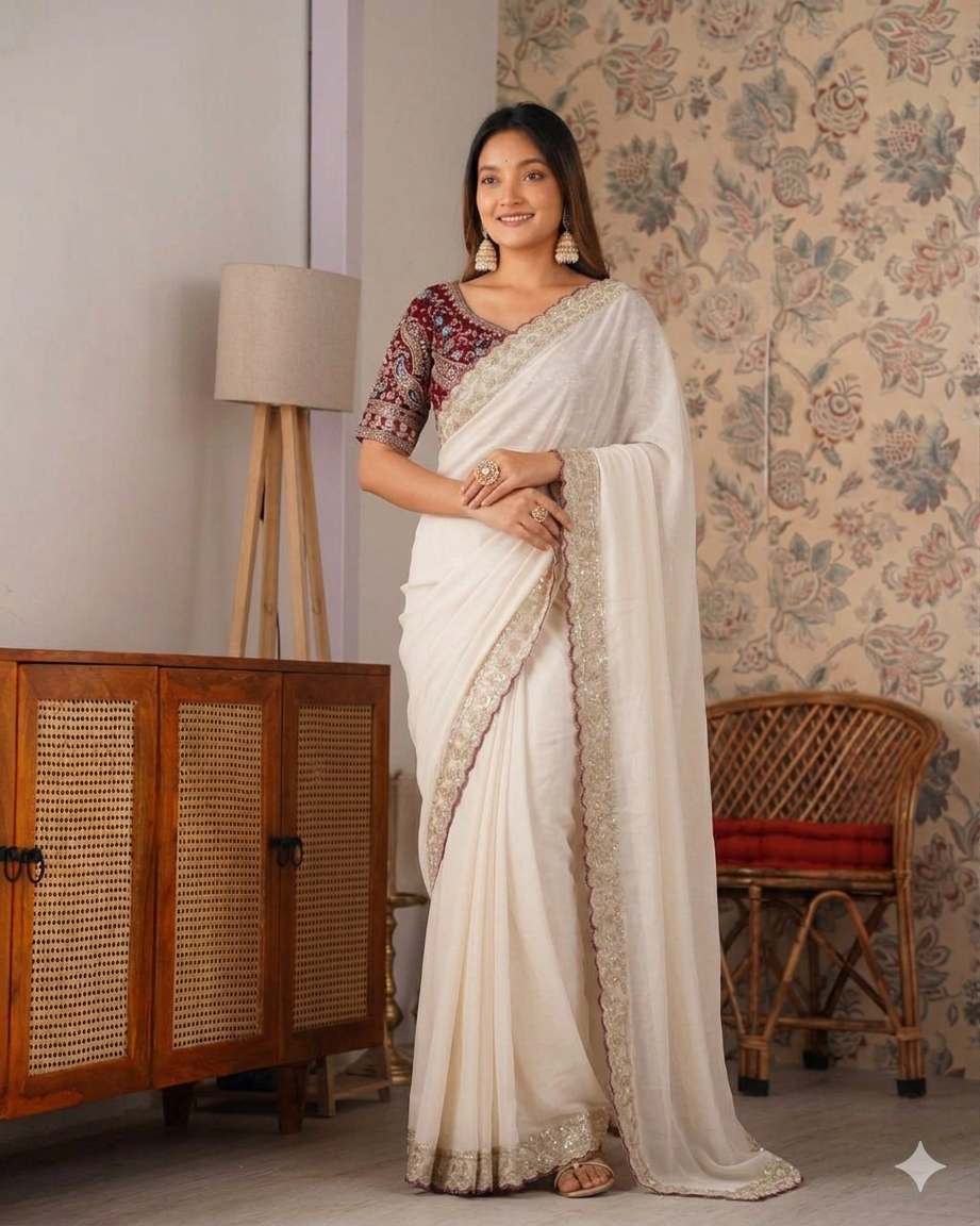 Beautifull Elegent Rich Look Embroidery Sequience Work Saree