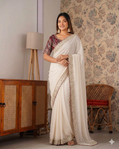 Beautifull Elegent Rich Look Embroidery Sequience Work Saree
