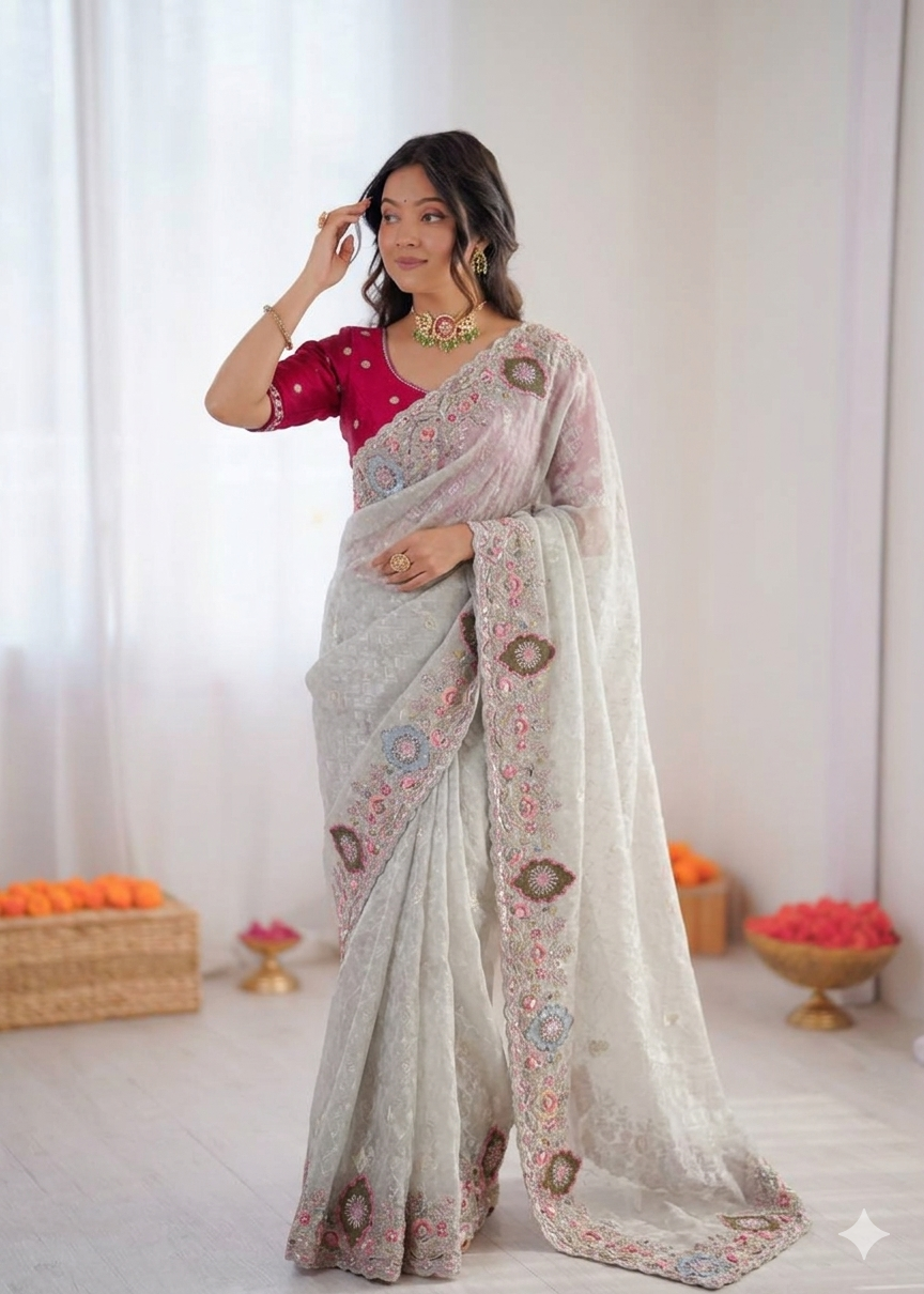 Beautiful  Look Coding Work & Multi Colour Sequence Dola Silk Saree