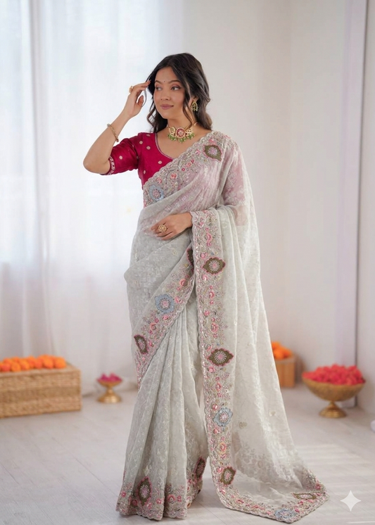 Beautiful  Look Coding Work & Multi Colour Sequence Dola Silk Saree