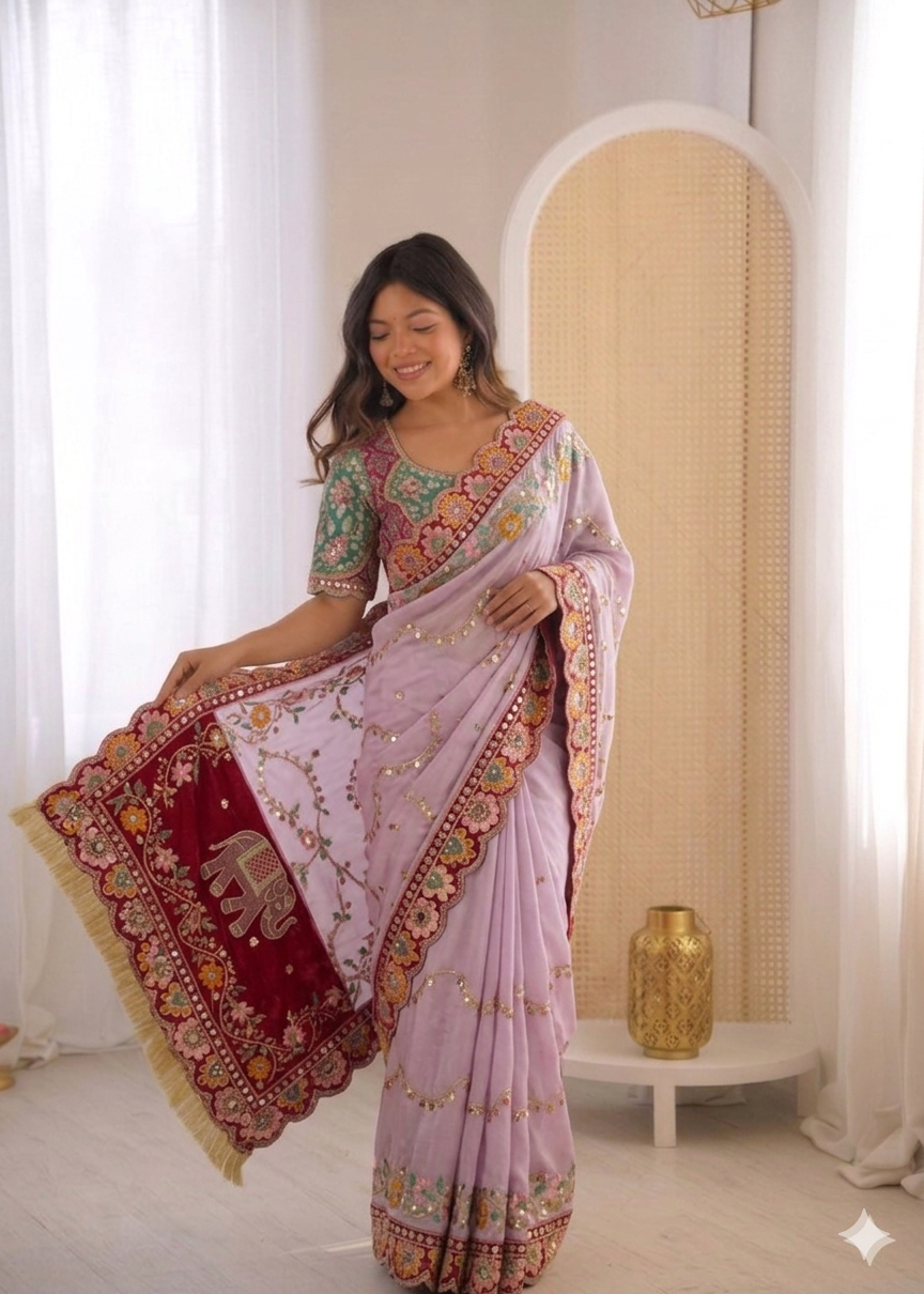 Beautiful Rangoli Silk Saree With Dori Embroidery & Mirror Touch Work