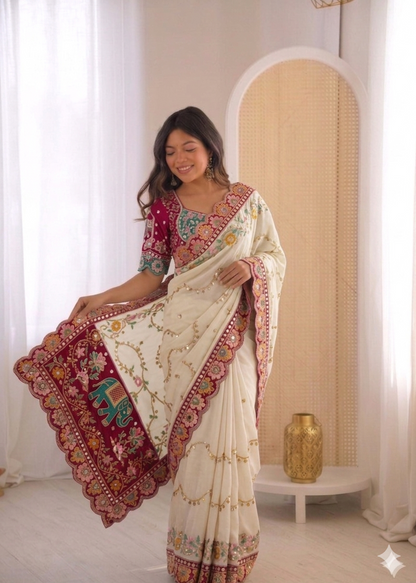 Beautiful Rangoli Silk Saree With Dori Embroidery & Mirror Touch Work