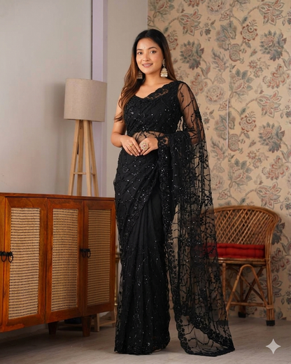 Beautifull Butterfly Net With Sequience Work Saree