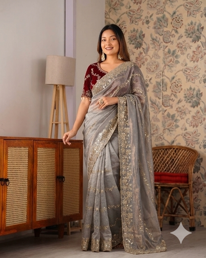 Beautifull Chiffon Two Ton With Sequience Work Saree
