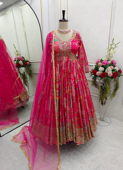 Pink Color Chinon Silk With Digital Print Work Gown