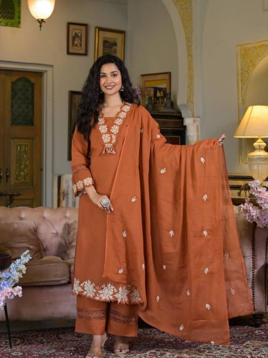 DESIGNER REYON SLUB COTTON TOP PANT SET WITH FLOWER WORK