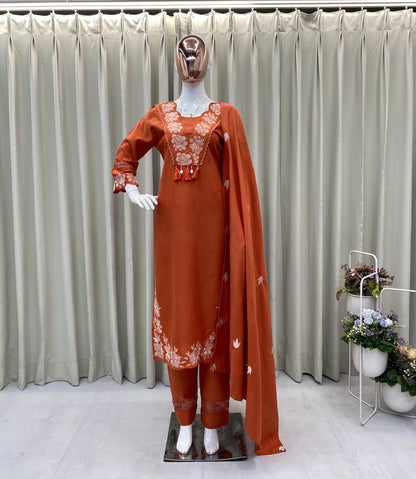 DESIGNER REYON SLUB COTTON TOP PANT SET WITH FLOWER WORK