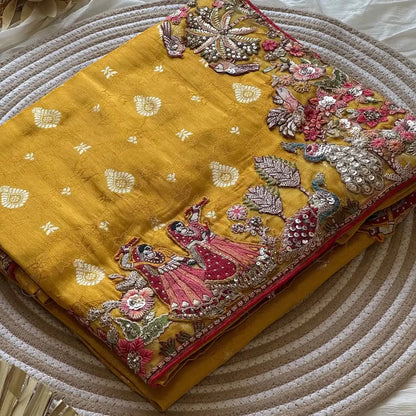 Beautiful  Dola Silk Saree With Coding And Multi Sequence Work