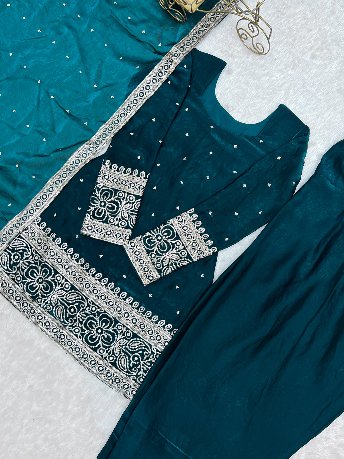 Beautifull Fendy Silk With Embroidery Sequience Work kurta Farshi