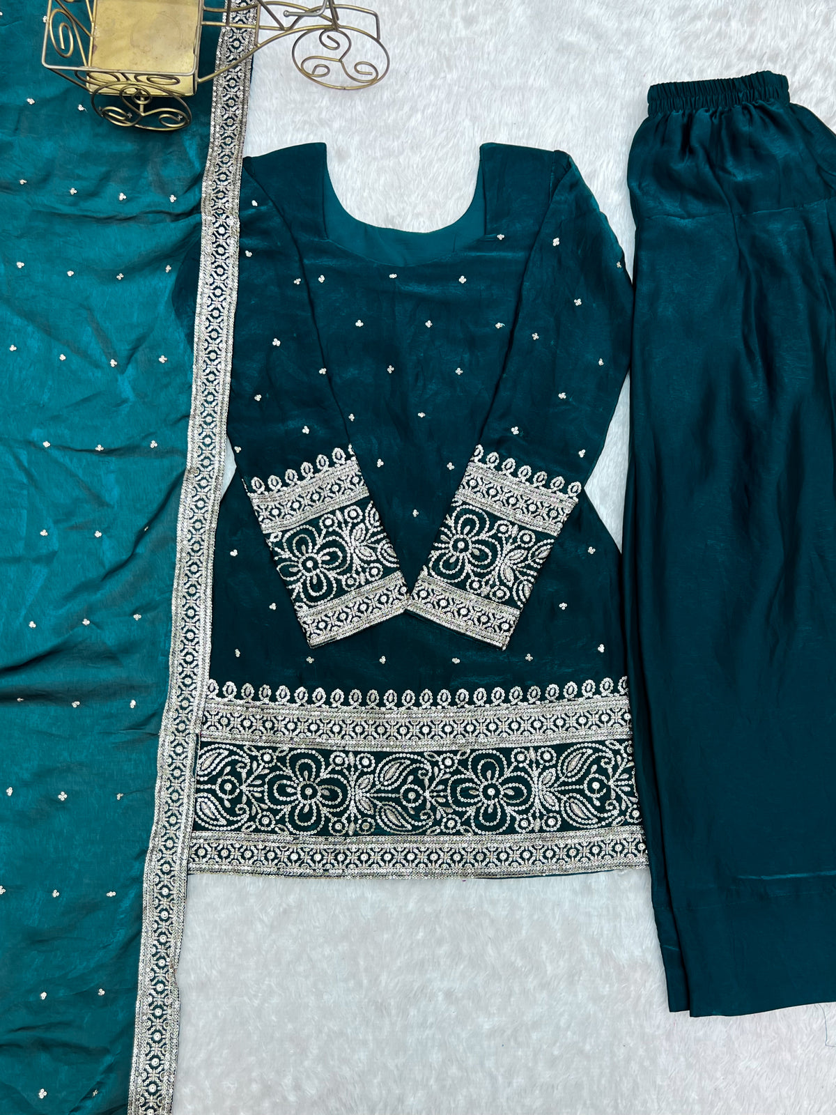 Beautifull Fendy Silk With Embroidery Sequience Work kurta Farshi