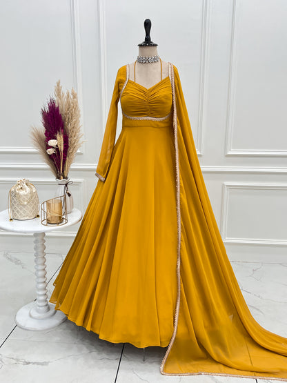 Red Color Fox Blooming Georgette Yoke Dori Work Gown