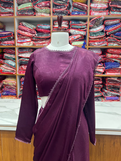 Ready To Wear Marble Velvet Fabric Purple Color Saree