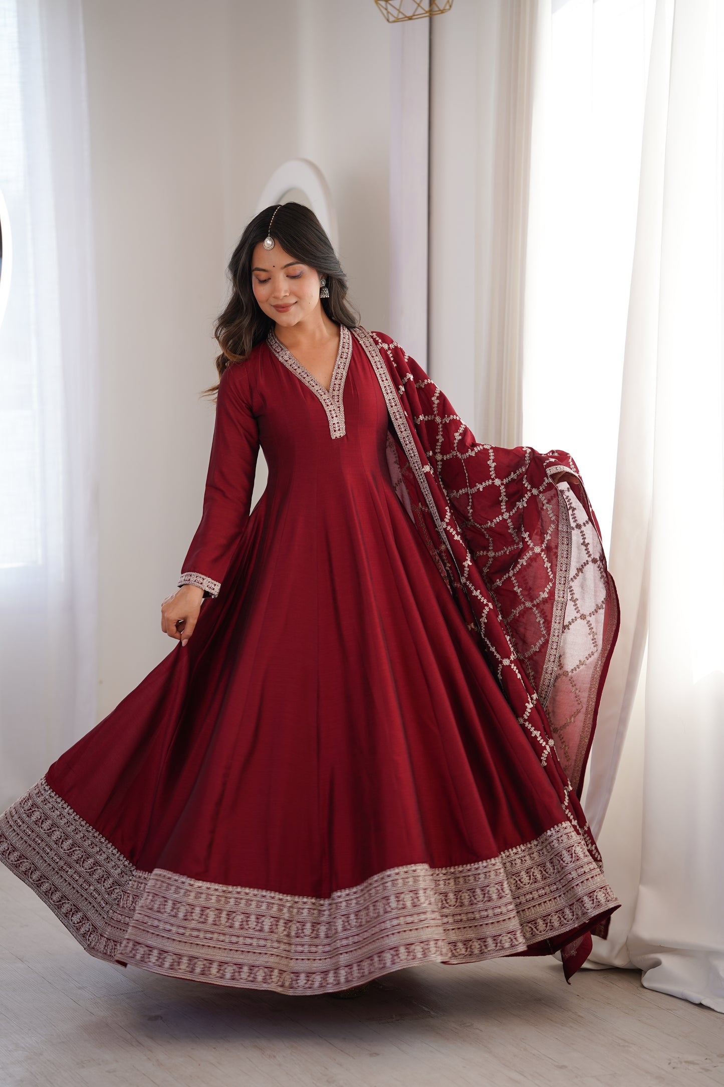 Beautifull Blooming Vichitra Silk With Fancy Lace Work Anarakali