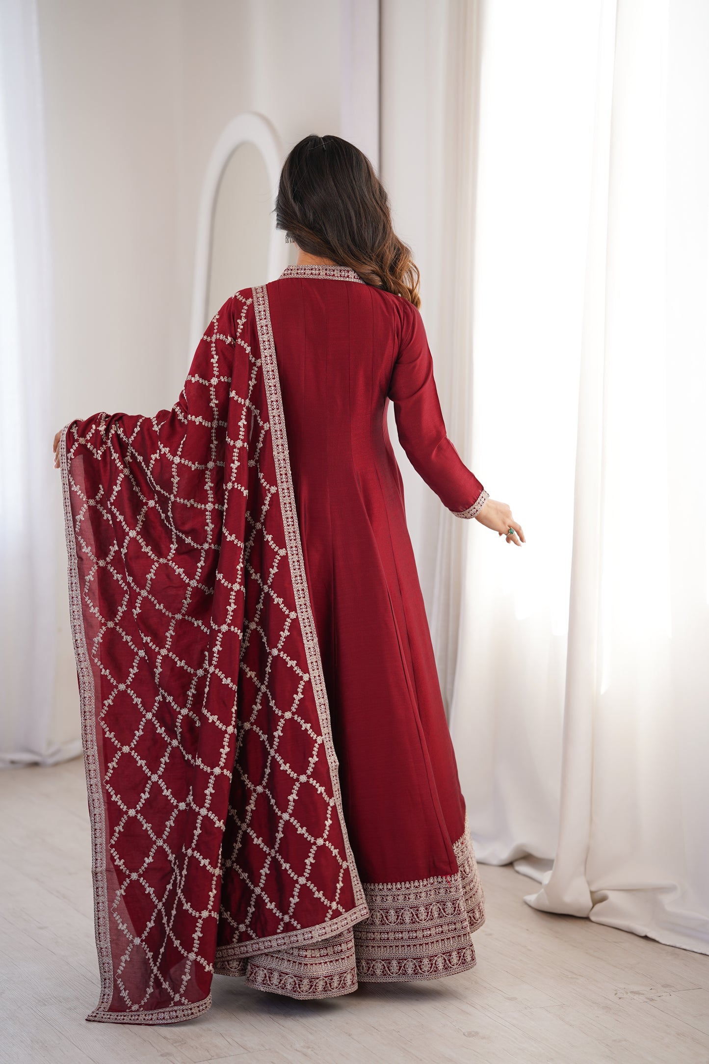 Beautifull Blooming Vichitra Silk With Fancy Lace Work Anarakali